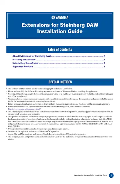 yamaha雅马哈Extensions for Steinberg DAW Extensions for Steinberg DAW Installation Guide